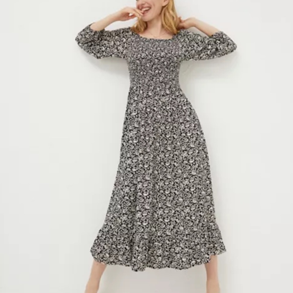 FatFace Adele Mono Vines Midi Dress 2 Black Off White Yellow Romantic Floral